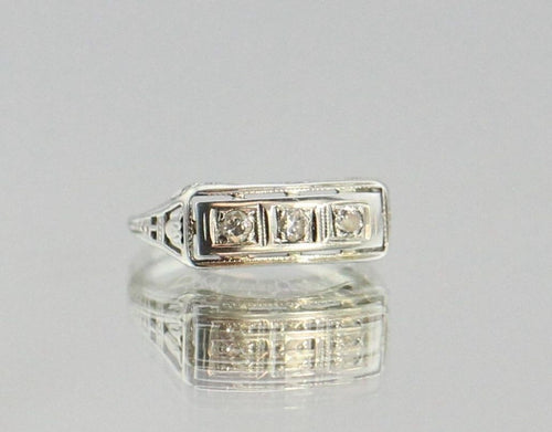 Antique Art Nouveau 18K White Gold 3 Diamond Engagement Ring - Queen May