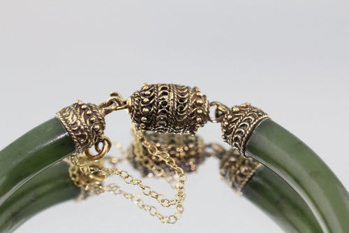 Antique 14K Gold Hand Made Dark Green Jadeite Jade Link Bracelet Signed - Queen May
