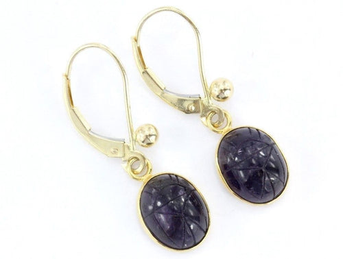 Vintage 14K Gold Amethyst Purple Carved Egyptian Scarab Earrings - Queen May