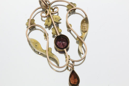 Antique Edwardian Art Nouveau 9ct 9k Gold Seed Pearl & Garnet Pendant Lavalier - Queen May