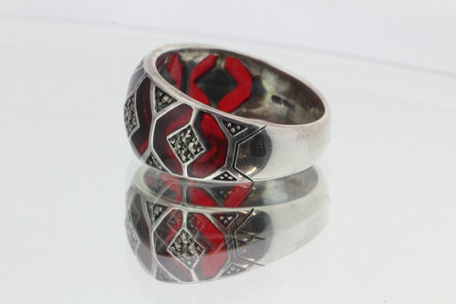 Vintage Sterling Silver Red Enamel Plique A Jour Marcasite Ring - Queen May