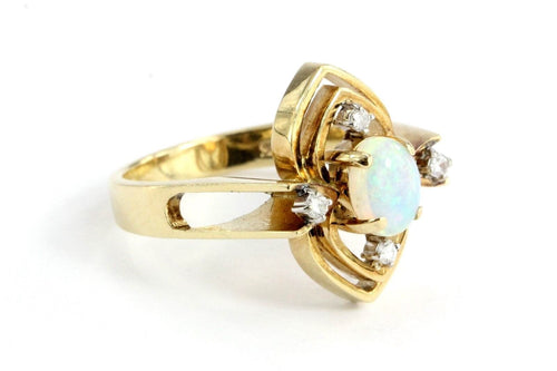Vintage Art Deco 14K Gold Diamond & Opal Ring - Queen May
