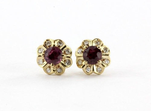 Antique 14K Gold Red Spinel & Diamond Earring Posts - Queen May