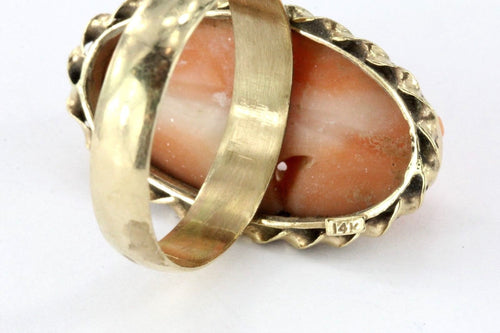 Antique Victorian 14K Gold Hand Carved Angel Skin Coral Cameo Ring Size 7.25 - Queen May