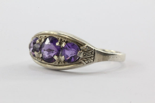 Antique 835 Silver 3 Stone Amethyst Art Deco Ring Germany - Queen May