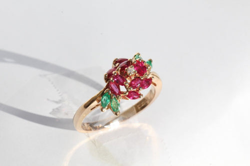 18K Rose Gold Emerald Ruby & Diamond Faberge Royal Rose Engagement Ring Signed - Queen May