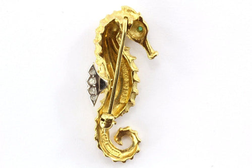 Tiffany & Co 18K Yellow Gold Diamond Emerald Seahorse Pin Brooch Vintage RARE - Queen May