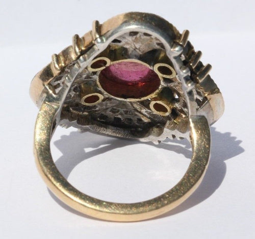 Custom Made Victorian Revival 18K Gold Pink Tourmaline, Diamond & Ruby Ring - Queen May