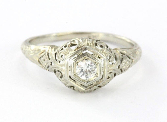 Antique Art Deco 18k White Gold & Diamond Engagement Ring - Queen May