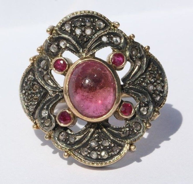 Custom Made Victorian Revival 18K Gold Pink Tourmaline, Diamond & Ruby Ring - Queen May