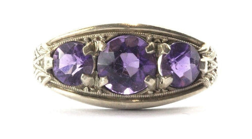 Antique 835 Silver 3 Stone Amethyst Art Deco Ring Germany - Queen May