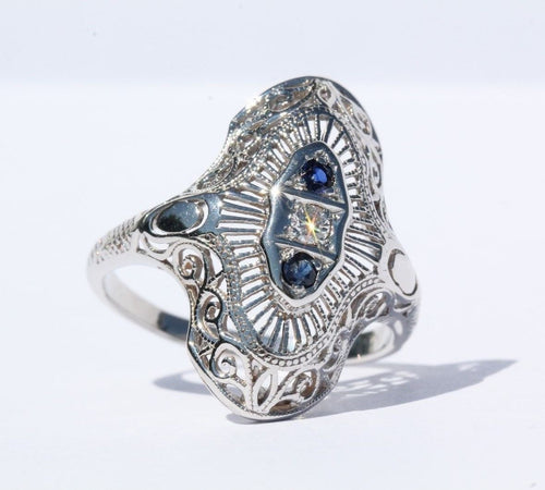 Antique Edwardian 14K White Gold Diamond & Sapphire Ring Signed - Queen May