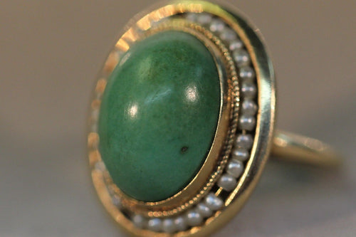 Antique Victorian 14k Gold Mint Green Turquoise & Seed Pearl Ring - Queen May