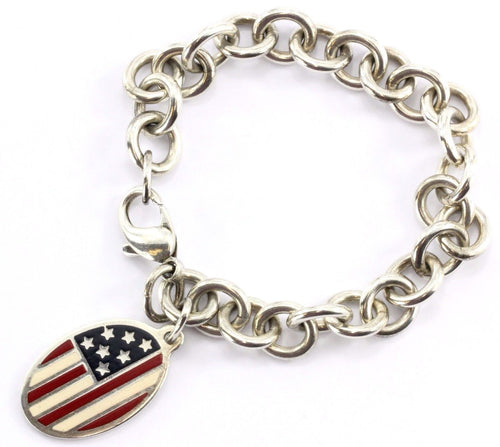 Tiffany & Co. Sterling American Flag Enameled Tag Charm Bracelet 2001 7.5" - Queen May