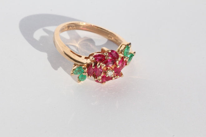 18K Rose Gold Emerald Ruby & Diamond Faberge Royal Rose Engagement Ring Signed - Queen May