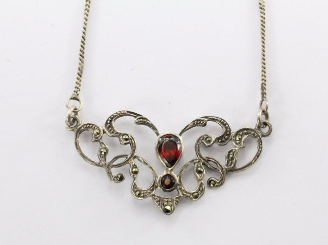 Vintage Sterling Silver Art Nouveau Style Garnet & Marcasite Necklace - Queen May