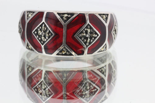Vintage Sterling Silver Red Enamel Plique A Jour Marcasite Ring - Queen May