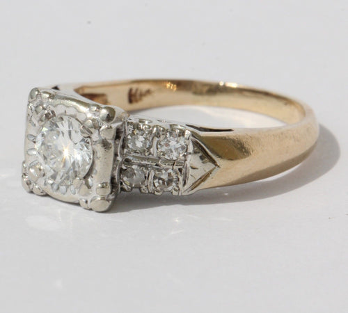 Antique 14K White & Yellow Gold Diamond Cathedral Heart Set Engagement Ring - Queen May
