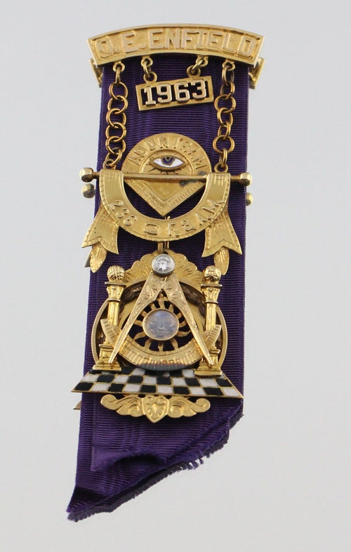 Vintage 14K Gold Enamel Diamond & Moon Stone Masonic Medal w/ Case - Queen May