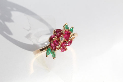 18K Rose Gold Emerald Ruby & Diamond Faberge Royal Rose Engagement Ring Signed - Queen May