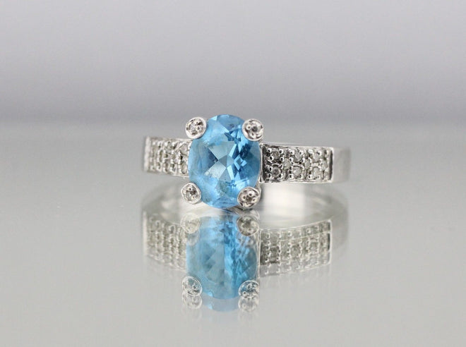 Vintage 14K White Gold Diamond & Blue Topaz Ring w/ Diamond Prongs - Queen May