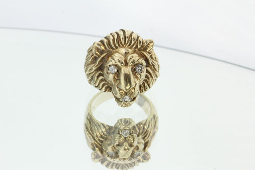 Large Heavy 14K Gold & Diamond Lion Face Ring .30 Carats Total - Queen May