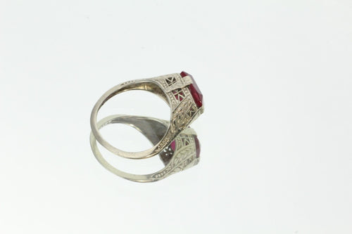 Antique Empire Art Deco 14K White Gold & Ruby Ring Signed A.F. 14K Size 5.75 - Queen May