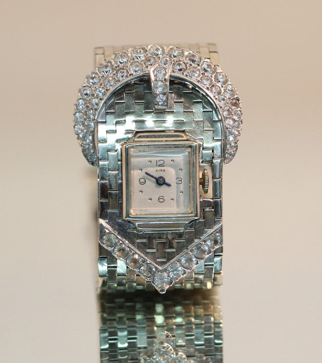 Vintage Heavy 1940's 14K White Gold & White Sapphire Ciro Belt Buckle Watch 5ctw - Queen May