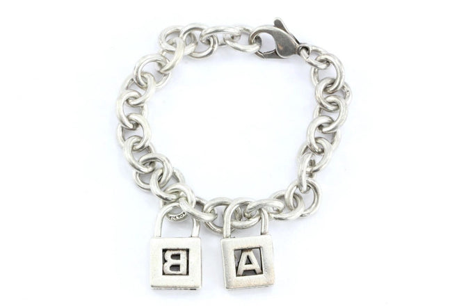 Vintage Tiffany & Co Sterling Silver Padlock Charm A & B Bracelet - Queen May