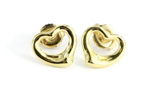 Tiffany & Co 18K Gold Elsa Peretti Open Heart Earring Studs w/ Pouch & Box - Queen May