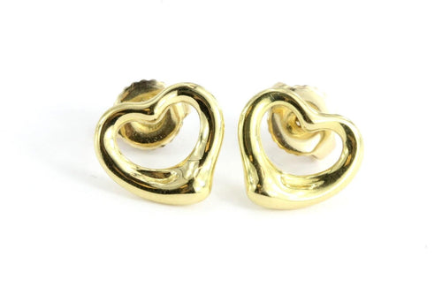 Tiffany & Co 18K Gold Elsa Peretti Open Heart Earring Studs w/ Pouch & Box - Queen May