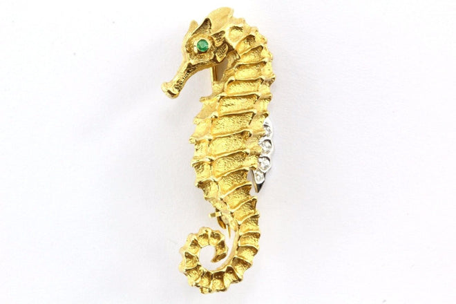 Tiffany & Co 18K Yellow Gold Diamond Emerald Seahorse Pin Brooch Vintage RARE - Queen May