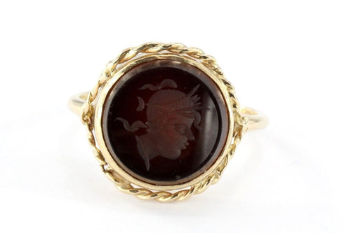 Vintage 14K Gold Carnelian Intaglio Warrior Soldier Cameo Rope Border Ring - Queen May