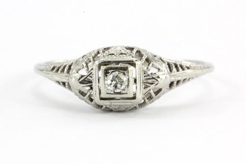 Antique Art Nouveau 18k White Gold & European Cut Diamond Engagement Ring - Queen May