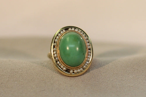 Antique Victorian 14k Gold Mint Green Turquoise & Seed Pearl Ring - Queen May