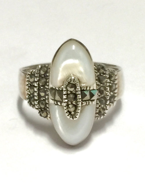 Sterling Silver Marcasite Mother of Pearl Art Deco Ring - Queen May