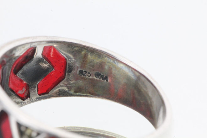 Vintage Sterling Silver Red Enamel Plique A Jour Marcasite Ring - Queen May