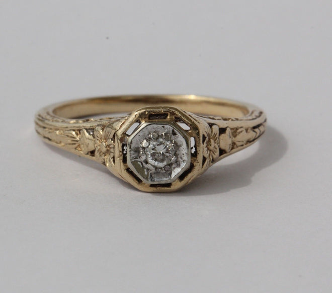 Antique Art Nouveau 14KT Gold Floral Design Diamond Engagement Ring Size 6.5 - Queen May