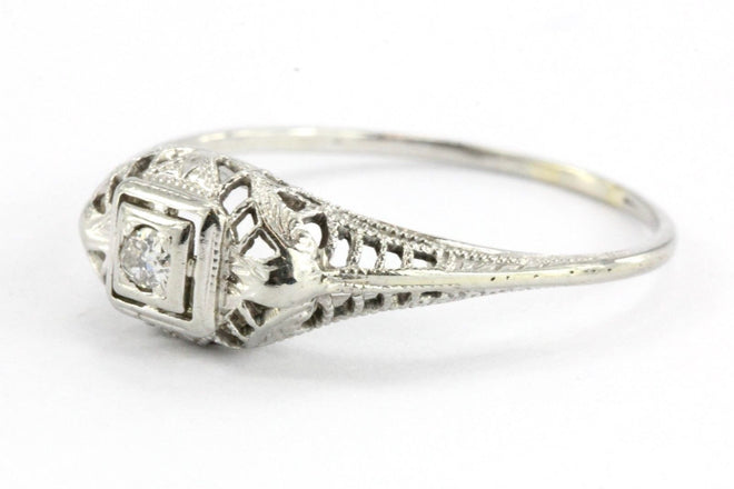 Antique Art Nouveau 18k White Gold & European Cut Diamond Engagement Ring - Queen May