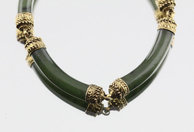 Antique 14K Gold Hand Made Dark Green Jadeite Jade Link Bracelet Signed - Queen May