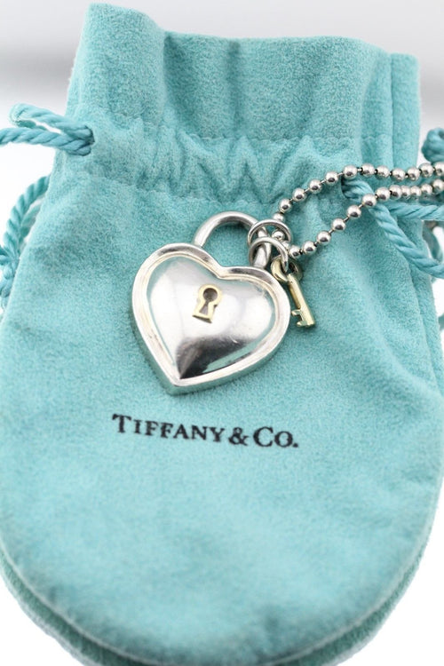 VINTAGE 1994 RARE Tiffany & Co Silver 18K Gold Heart Padlock Key Necklace 34" - Queen May