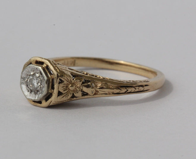 Antique Art Nouveau 14KT Gold Floral Design Diamond Engagement Ring Size 6.5 - Queen May