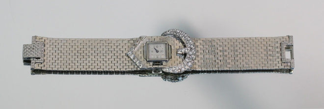 Vintage Heavy 1940's 14K White Gold & White Sapphire Ciro Belt Buckle Watch 5ctw - Queen May