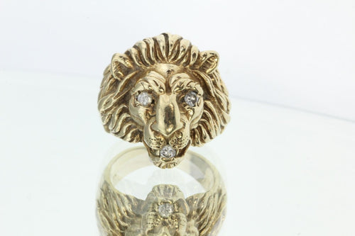 Large Heavy 14K Gold & Diamond Lion Face Ring .30 Carats Total - Queen May