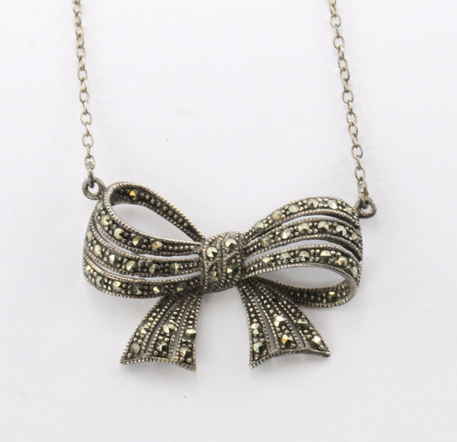 Vintage Sterling Silver & Marcasite Bow Ribbon Necklace - Queen May
