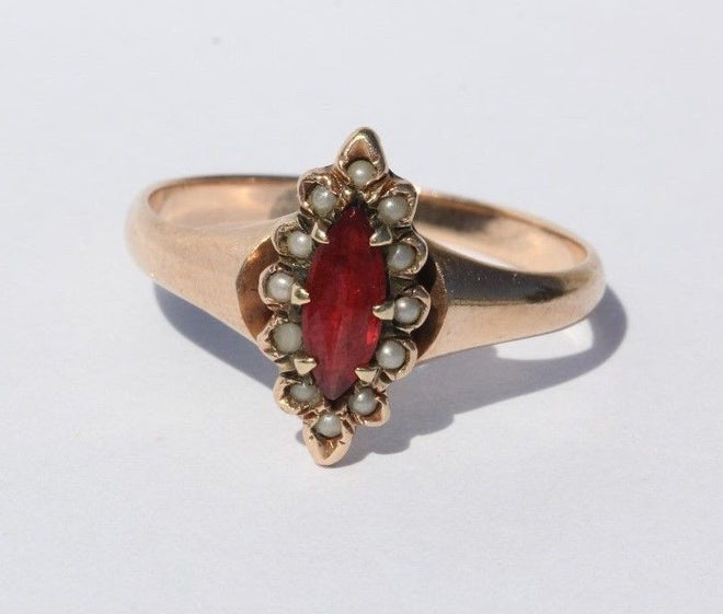 Antique Victorian 10K Gold Seed Pearl & Tourmaline Ring - Queen May