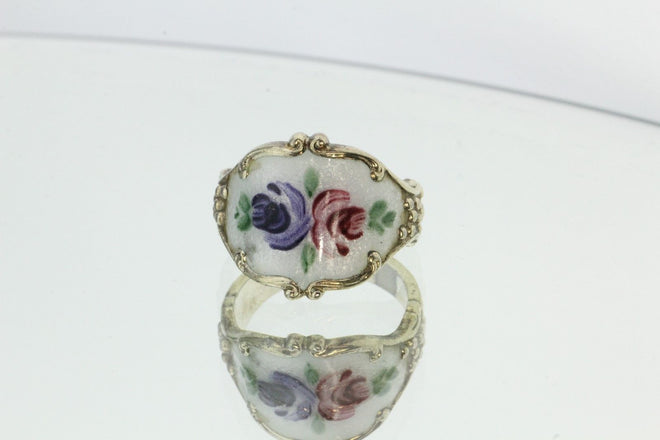 Vintage Sterling Silver & Enamel Clark & Coombs Floral Gold Washed Ring - Queen May