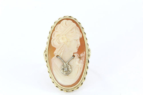 Antique 14K Gold Habille Diamond Cameo Carved Shell Ring Signed CS - Queen May