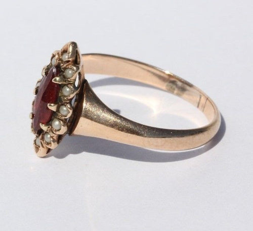 Antique Victorian 10K Gold Seed Pearl & Tourmaline Ring - Queen May