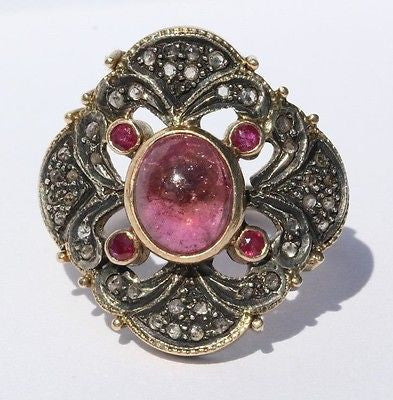 Custom Made Victorian Revival 18K Gold Pink Tourmaline, Diamond & Ruby Ring - Queen May
